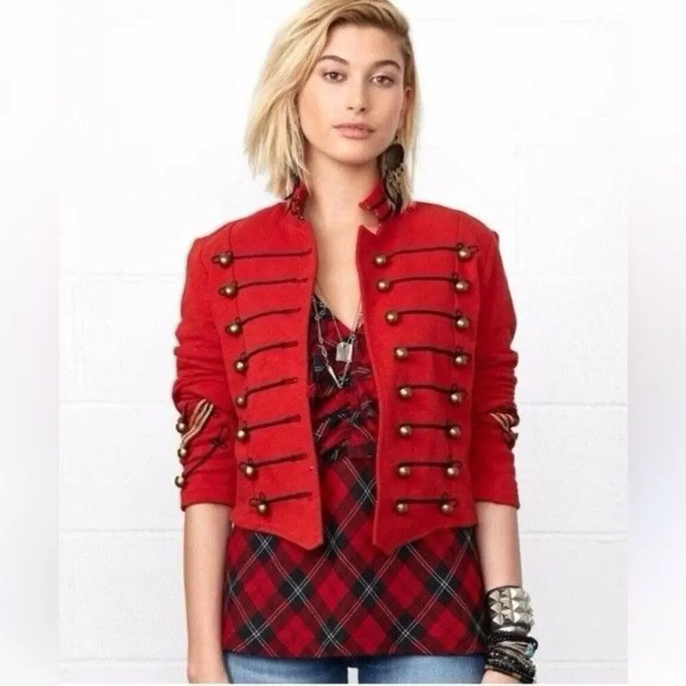 VTG Denim Supply Ralph Lauren Military Army Cropped Slim Band Jacket Size M Red - Picture 3 of 10